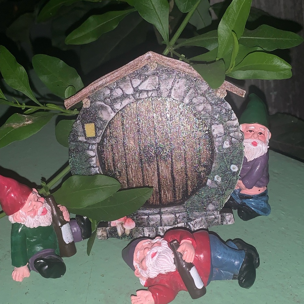 Garden Gnomes and small painted wooden home. All hand made.